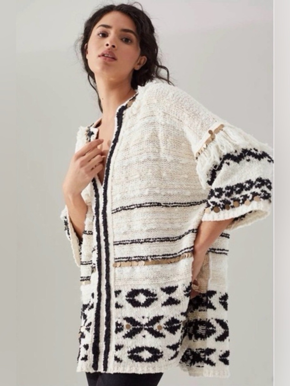 Anthropologie Margot Fringed Coin Ivory Boho Poncho Sweater